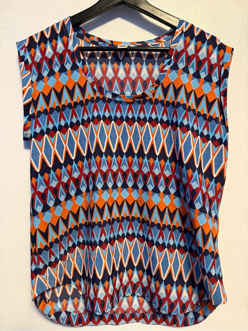 J. Crew Cap Sleeve Geometric Print Blue Orange Red Blouse
